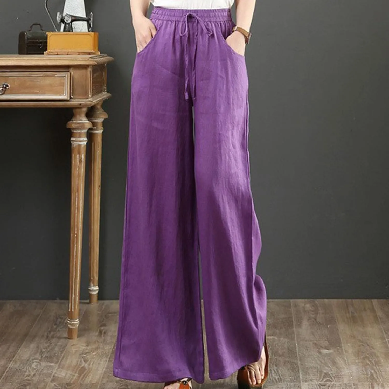 FZYLQY Women's Comfy High Waist Drawstring Wide Leg Pants with Pockets Casual Loose Fit Trousers for Relaxed Everyday Wear