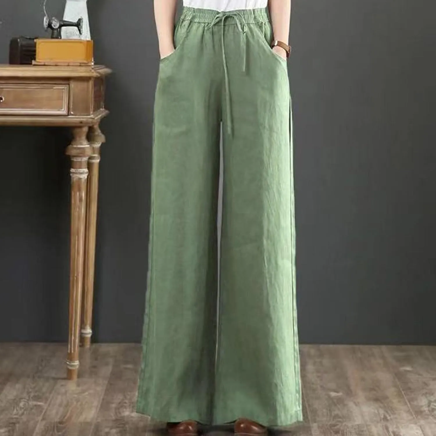 FZYLQY Women's Comfy High Waist Drawstring Wide Leg Pants with Pockets Casual Loose Fit Trousers for Relaxed Everyday Wear