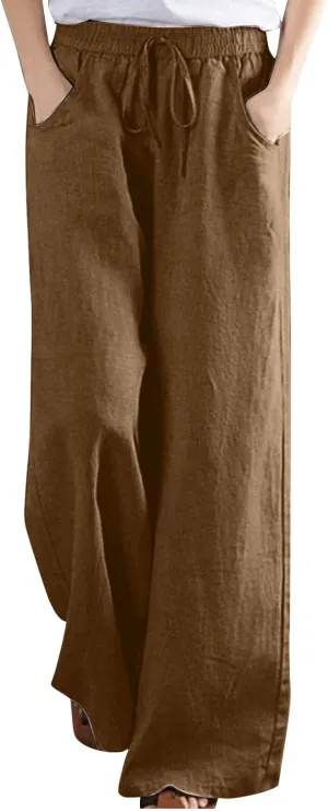 FZYLQY Women's Comfy High Waist Drawstring Wide Leg Pants with Pockets Casual Loose Fit Trousers for Relaxed Everyday Wear