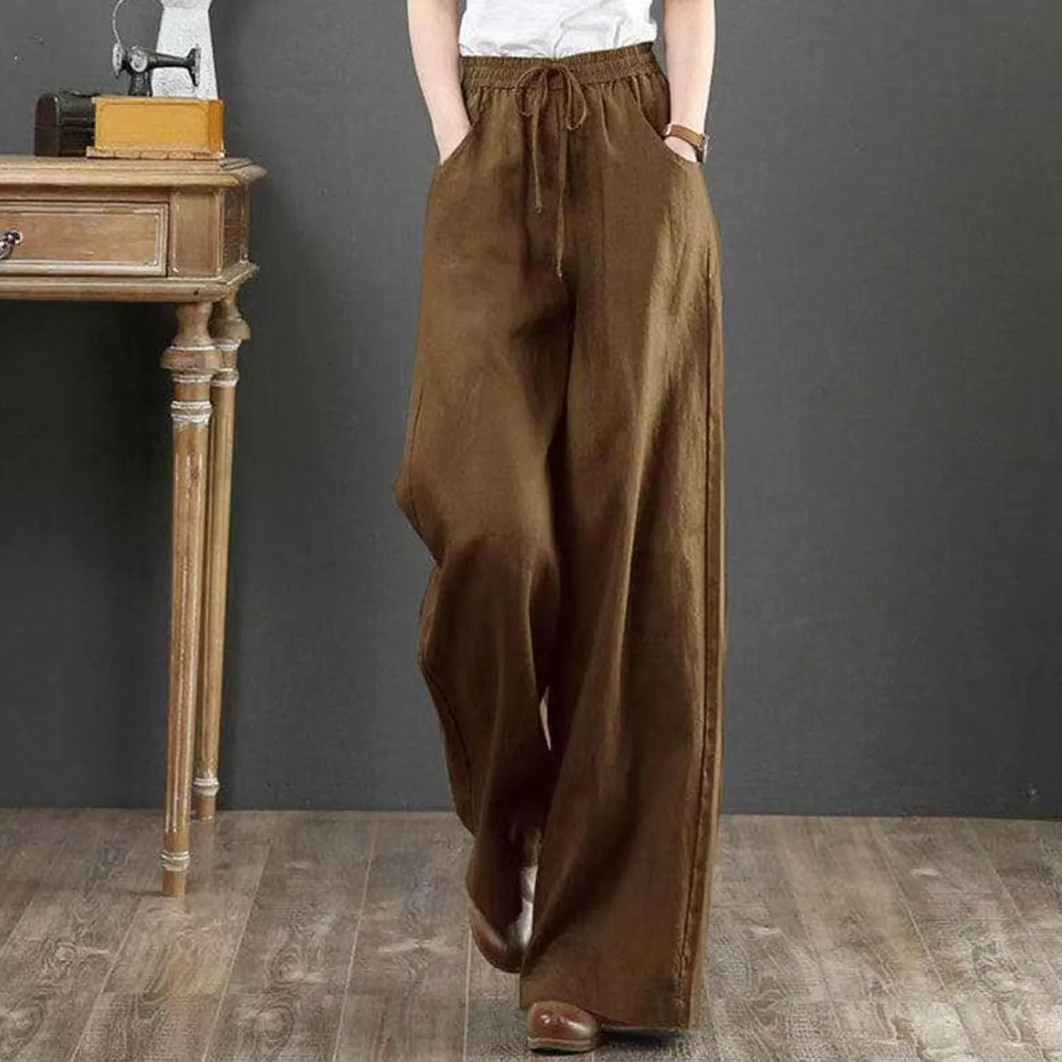 FZYLQY Women's Comfy High Waist Drawstring Wide Leg Pants with Pockets Casual Loose Fit Trousers for Relaxed Everyday Wear