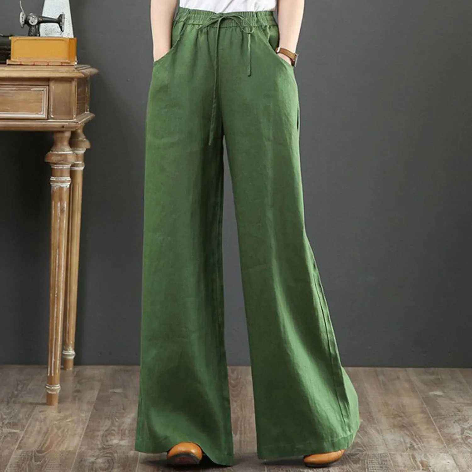 FZYLQY Women's Comfy High Waist Drawstring Wide Leg Pants with Pockets Casual Loose Fit Trousers for Relaxed Everyday Wear