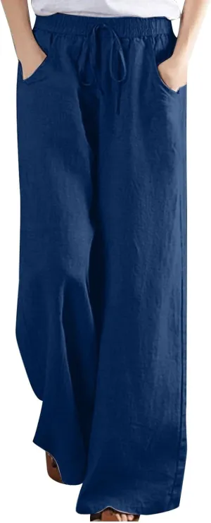 FZYLQY Women's Comfy High Waist Drawstring Wide Leg Pants with Pockets Casual Loose Fit Trousers for Relaxed Everyday Wear