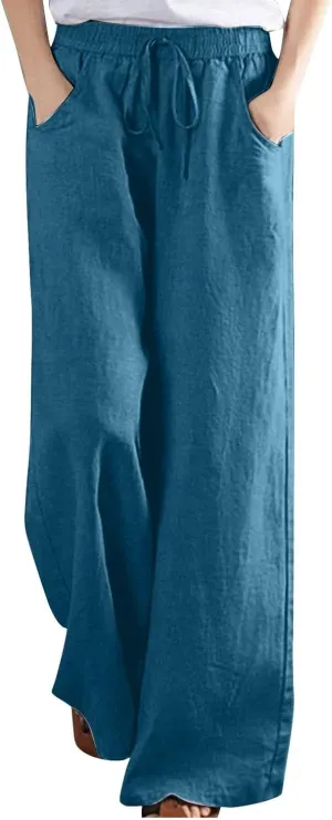 FZYLQY Women's Comfy High Waist Drawstring Wide Leg Pants with Pockets Casual Loose Fit Trousers for Relaxed Everyday Wear