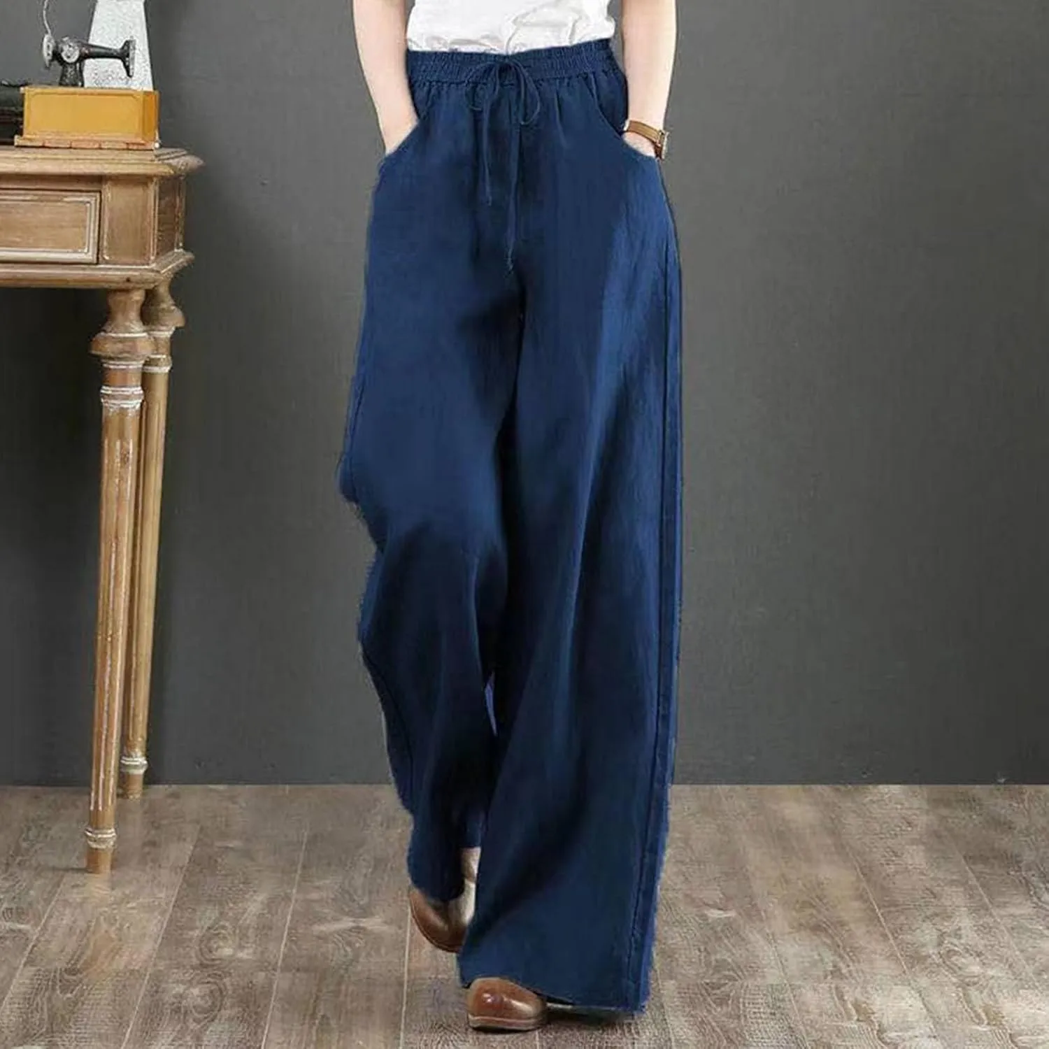 FZYLQY Women's Comfy High Waist Drawstring Wide Leg Pants with Pockets Casual Loose Fit Trousers for Relaxed Everyday Wear