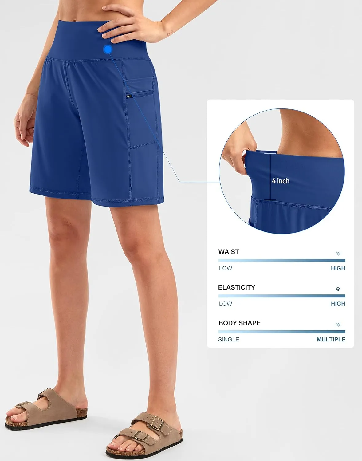 G Gradual Women's High Waisted 9" Bermuda Shorts with Zipper Pockets Athletic Workout Long Shorts for Women Knee Length