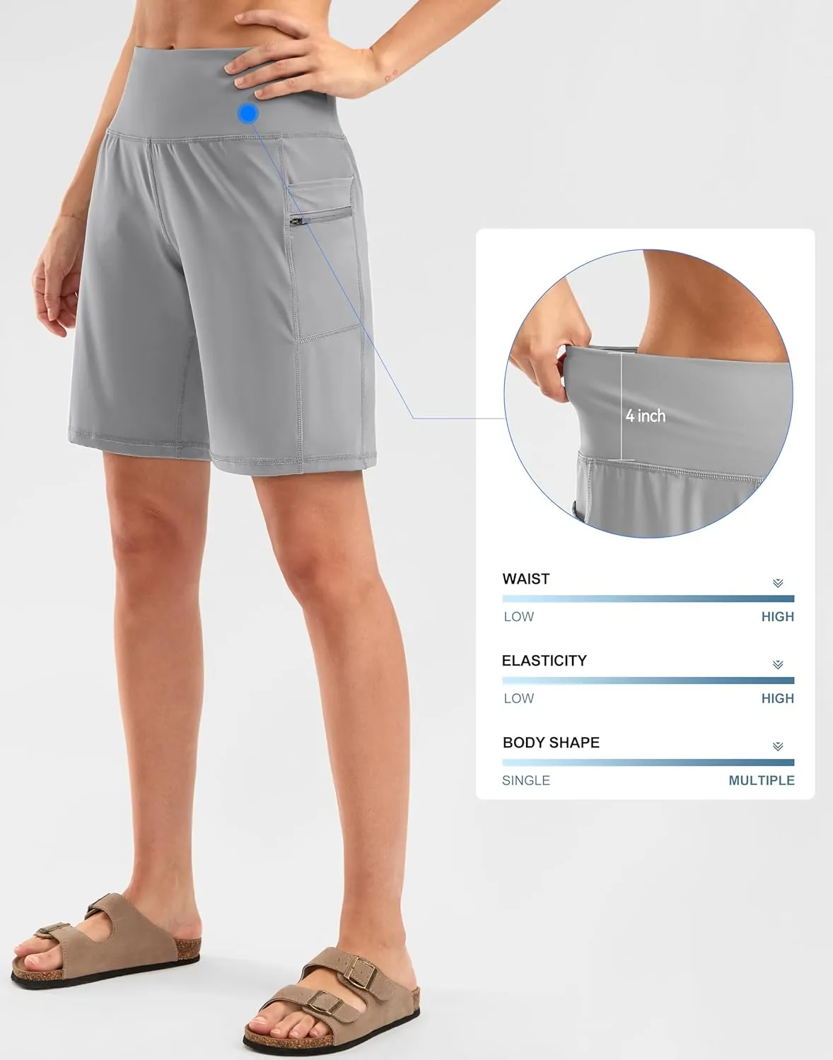 G Gradual Women's High Waisted 9" Bermuda Shorts with Zipper Pockets Athletic Workout Long Shorts for Women Knee Length