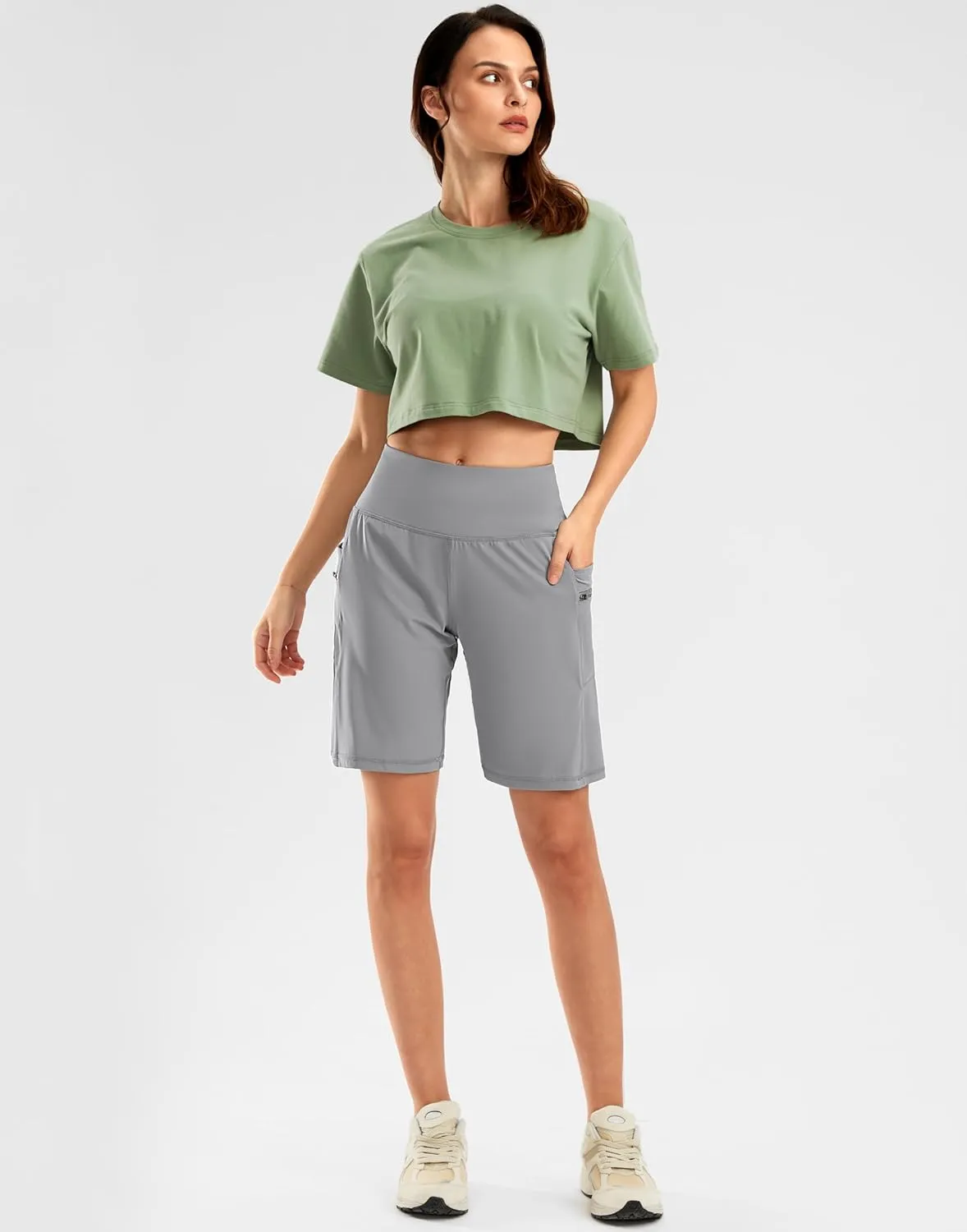 G Gradual Women's High Waisted 9" Bermuda Shorts with Zipper Pockets Athletic Workout Long Shorts for Women Knee Length