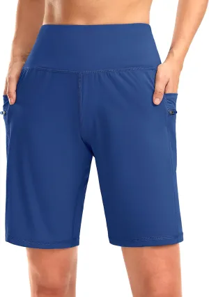 G Gradual Women's High Waisted 9" Bermuda Shorts with Zipper Pockets Athletic Workout Long Shorts for Women Knee Length