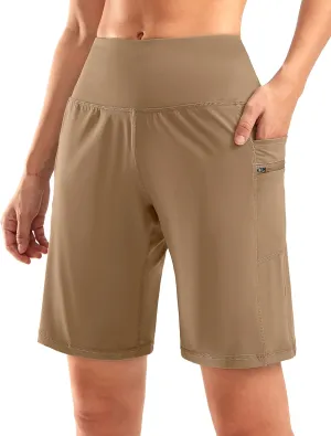 G Gradual Women's High Waisted 9" Bermuda Shorts with Zipper Pockets Athletic Workout Long Shorts for Women Knee Length