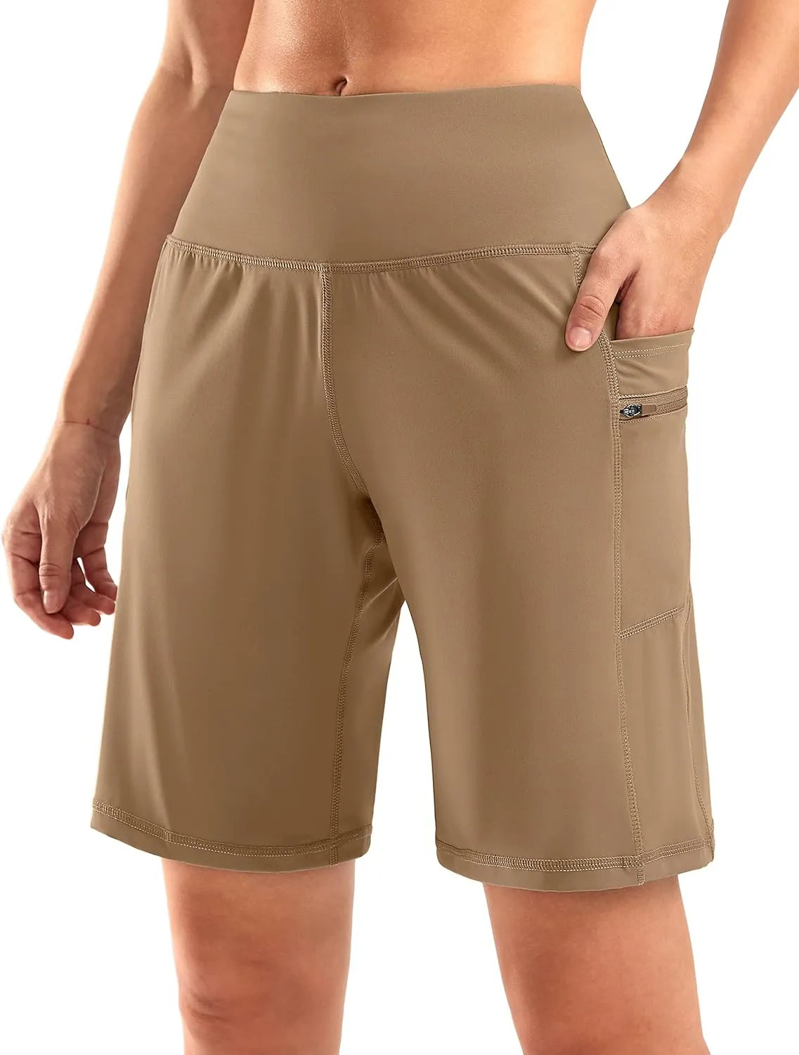 G Gradual Women's High Waisted 9" Bermuda Shorts with Zipper Pockets Athletic Workout Long Shorts for Women Knee Length