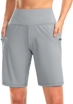 G Gradual Women's High Waisted 9" Bermuda Shorts with Zipper Pockets Athletic Workout Long Shorts for Women Knee Length