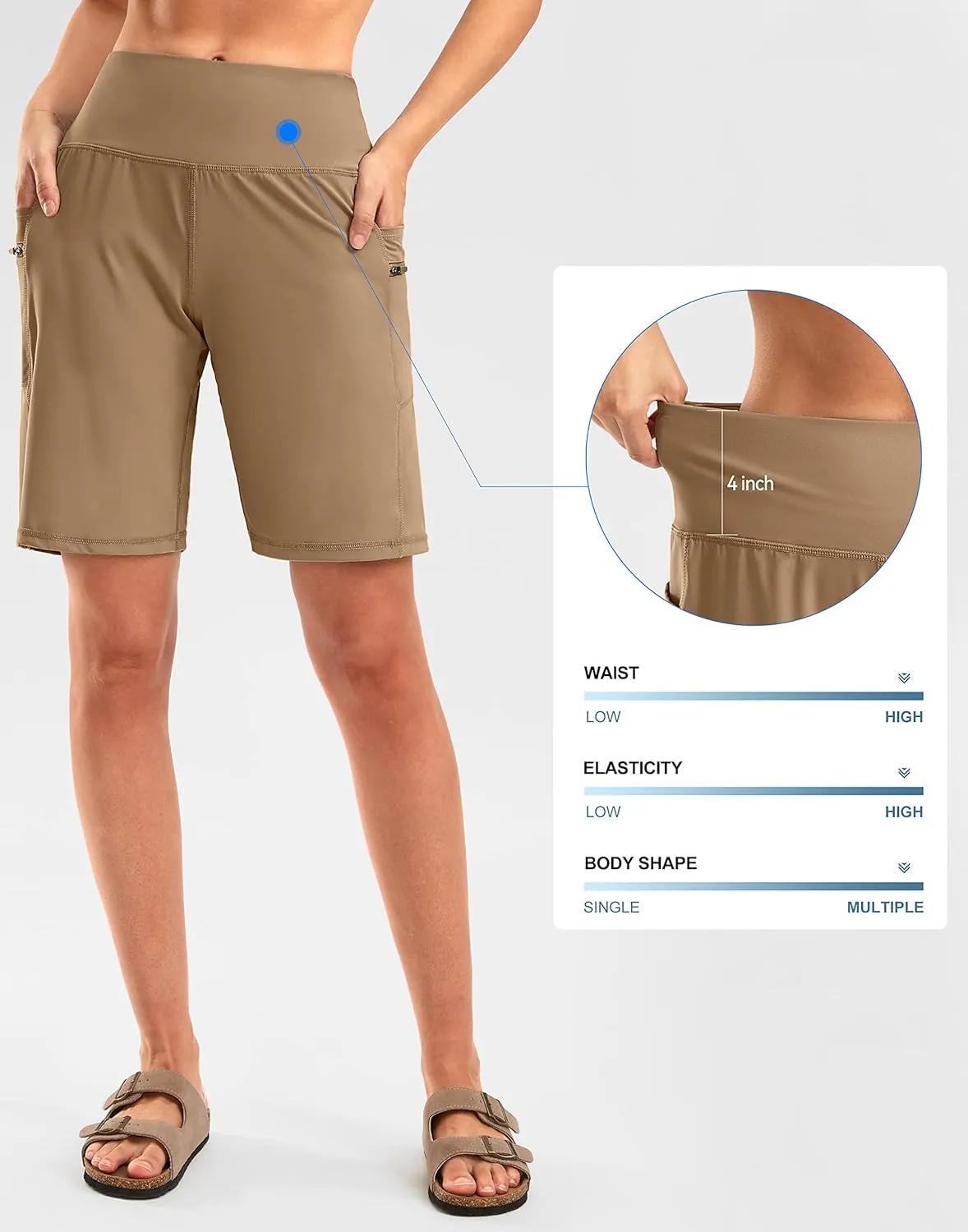 G Gradual Women's High Waisted 9" Bermuda Shorts with Zipper Pockets Athletic Workout Long Shorts for Women Knee Length