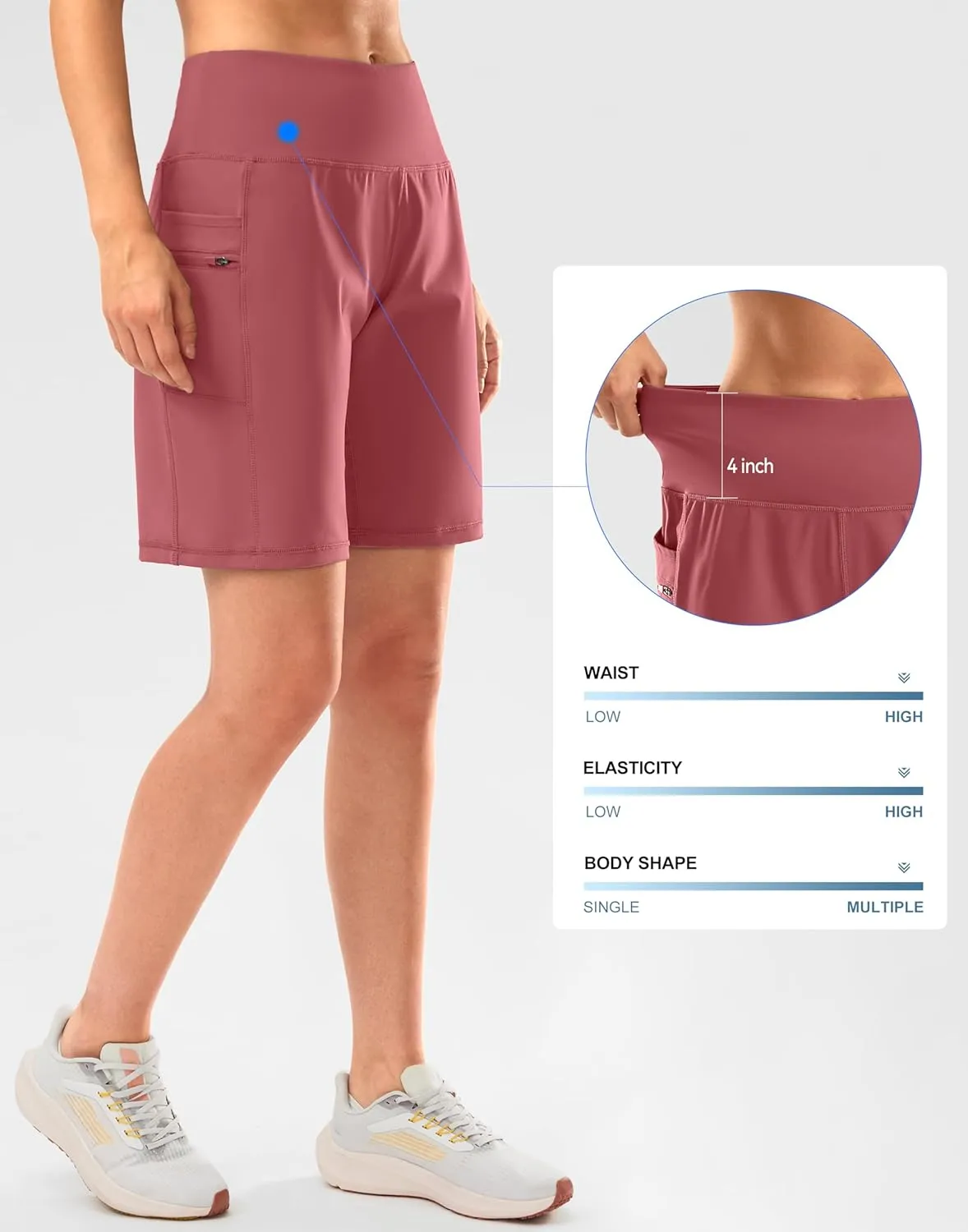 G Gradual Women's High Waisted 9" Bermuda Shorts with Zipper Pockets Athletic Workout Long Shorts for Women Knee Length