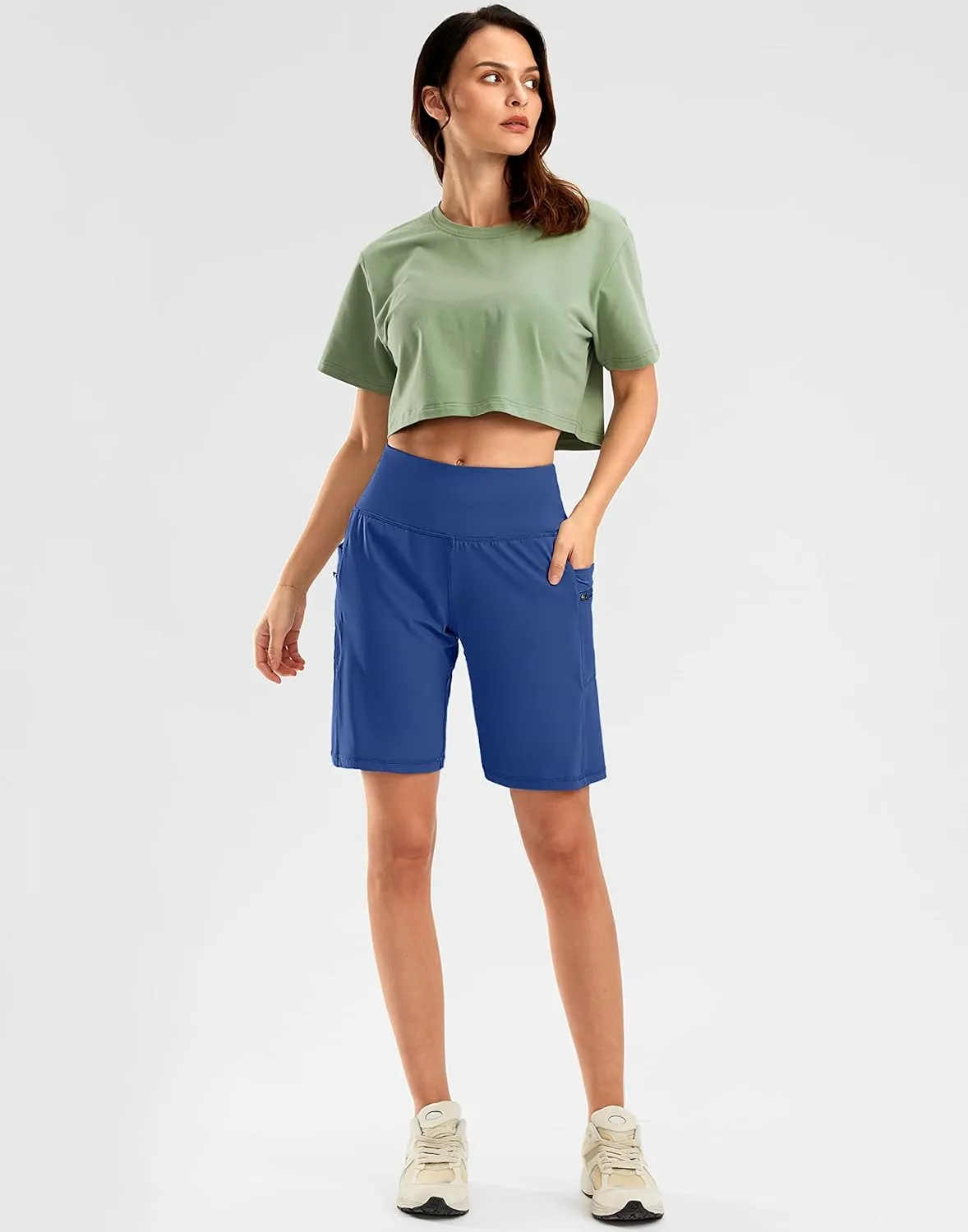 G Gradual Women's High Waisted 9" Bermuda Shorts with Zipper Pockets Athletic Workout Long Shorts for Women Knee Length