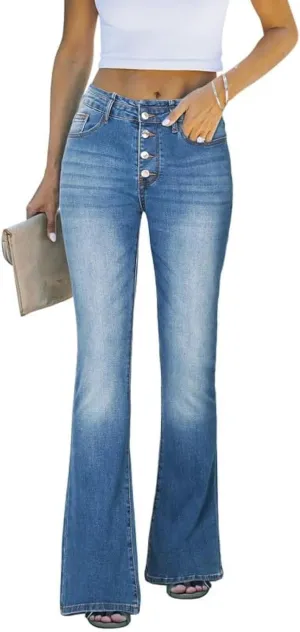 Genleck Women's Stretch Flare Jeans - Trendy High Waisted Bell Bottom Jeans Tummy Control Button Fly Denim Pants Trousers