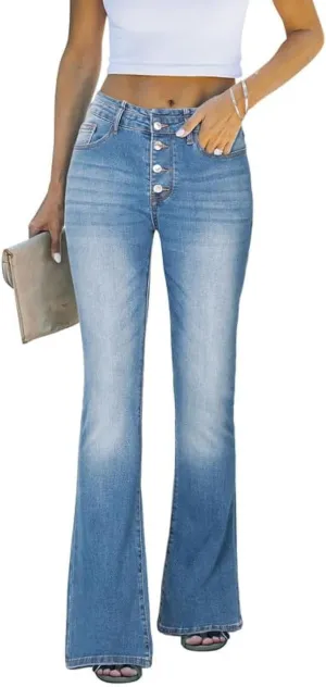 Genleck Women's Stretch Flare Jeans - Trendy High Waisted Bell Bottom Jeans Tummy Control Button Fly Denim Pants Trousers