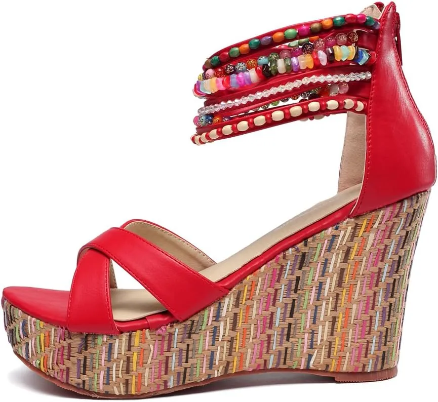 getmorebeauty Women's Wedge Sandals With Pearls Across The Top Platform Sandals High Heels