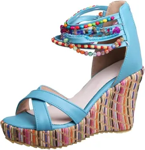 getmorebeauty Women's Wedge Sandals With Pearls Across The Top Platform Sandals High Heels