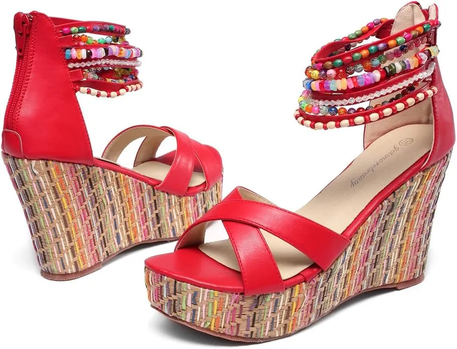 getmorebeauty Women's Wedge Sandals With Pearls Across The Top Platform Sandals High Heels