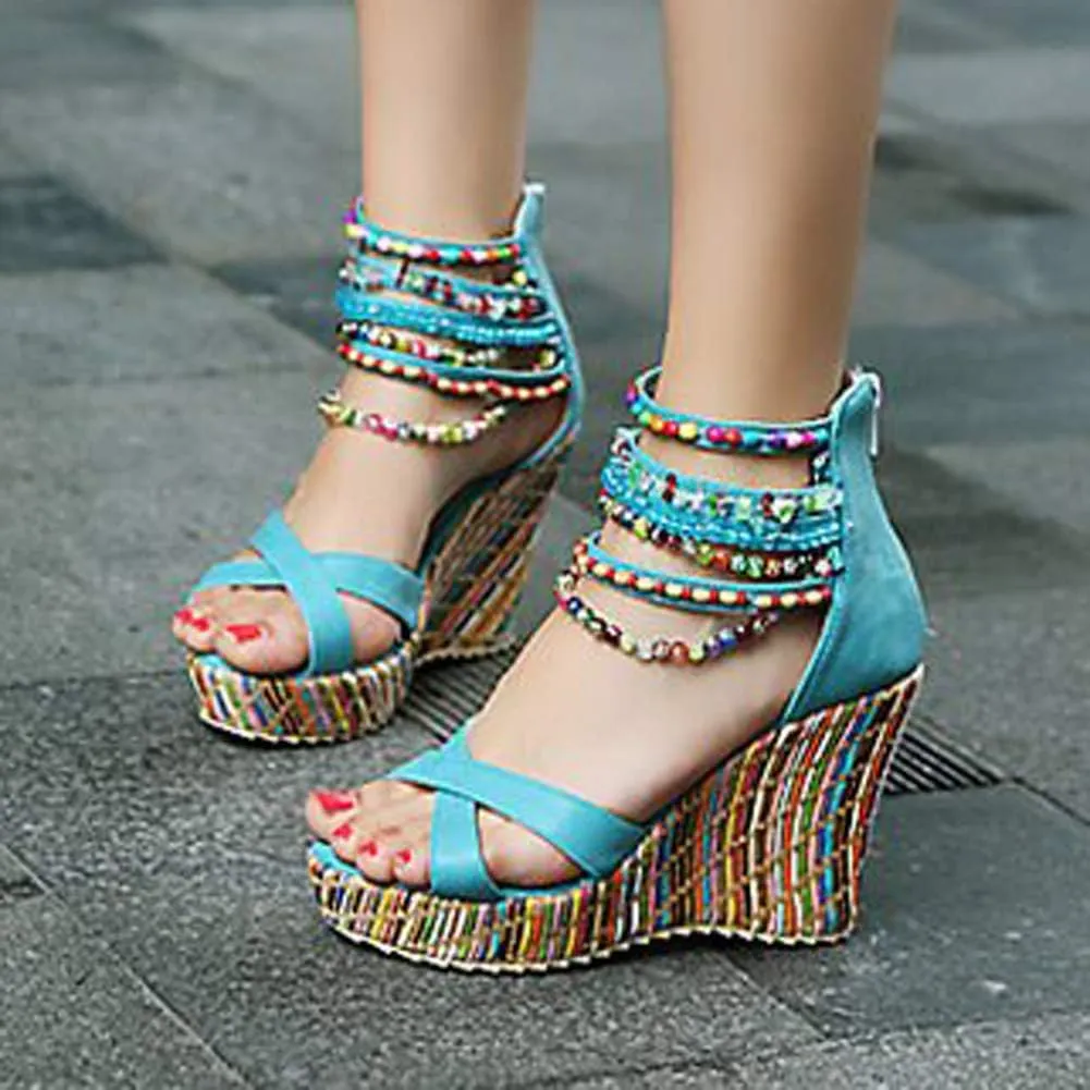getmorebeauty Women's Wedge Sandals With Pearls Across The Top Platform Sandals High Heels