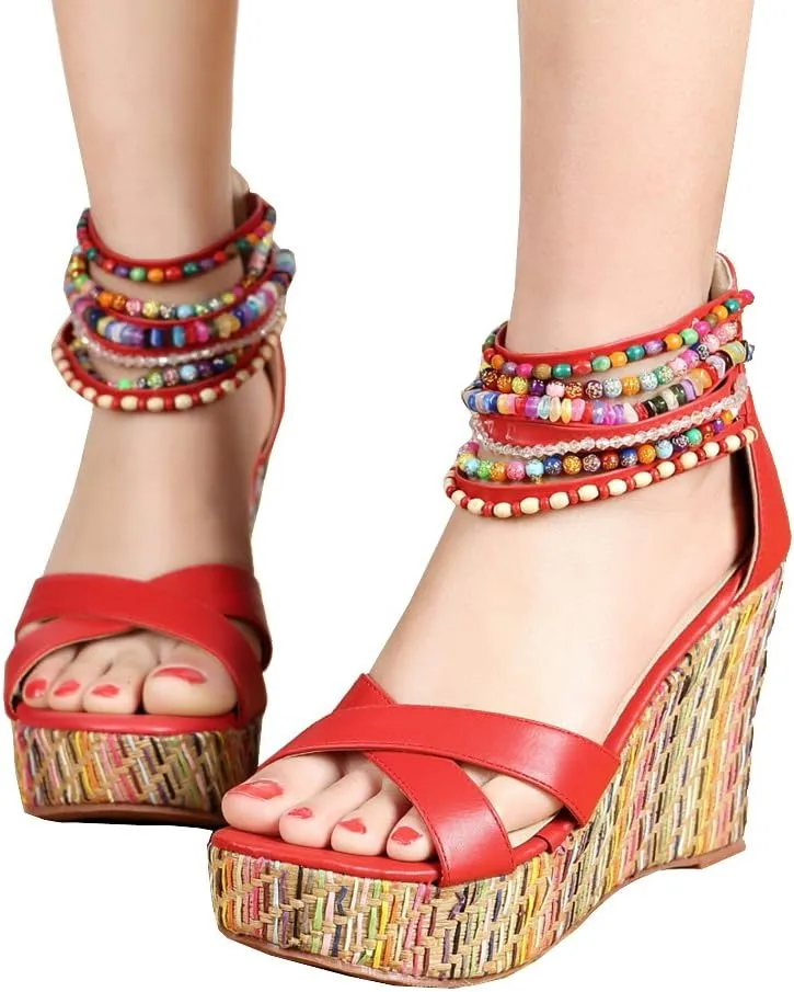 getmorebeauty Women's Wedge Sandals With Pearls Across The Top Platform Sandals High Heels