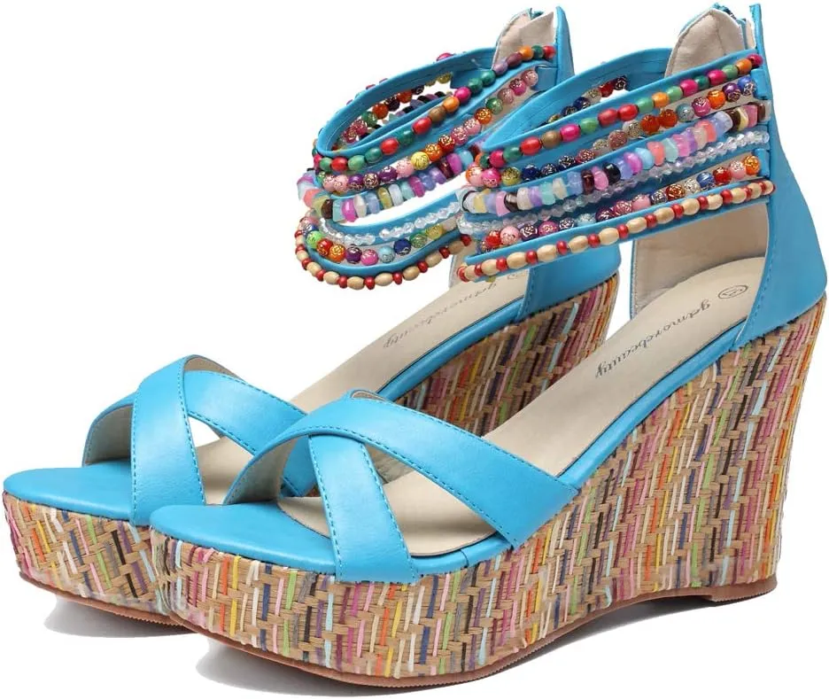 getmorebeauty Women's Wedge Sandals With Pearls Across The Top Platform Sandals High Heels