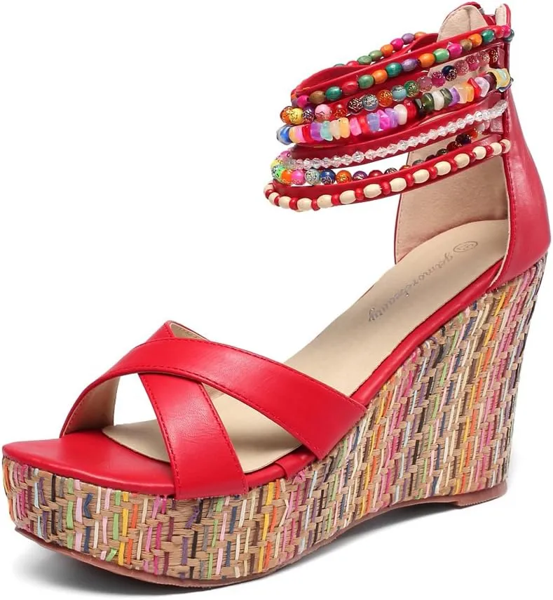 getmorebeauty Women's Wedge Sandals With Pearls Across The Top Platform Sandals High Heels