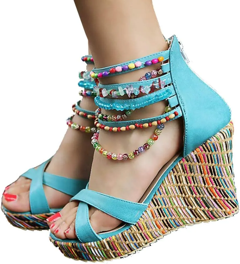 getmorebeauty Women's Wedge Sandals With Pearls Across The Top Platform Sandals High Heels