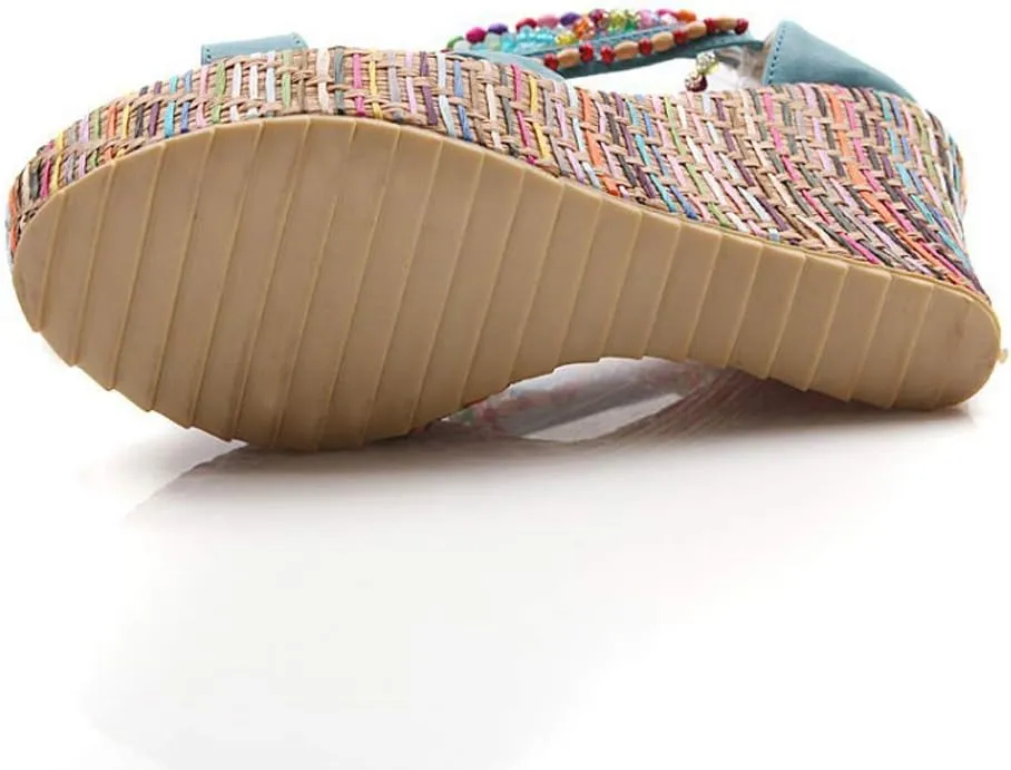 getmorebeauty Women's Wedge Sandals With Pearls Across The Top Platform Sandals High Heels