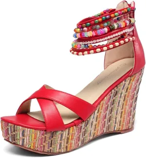getmorebeauty Women's Wedge Sandals With Pearls Across The Top Platform Sandals High Heels
