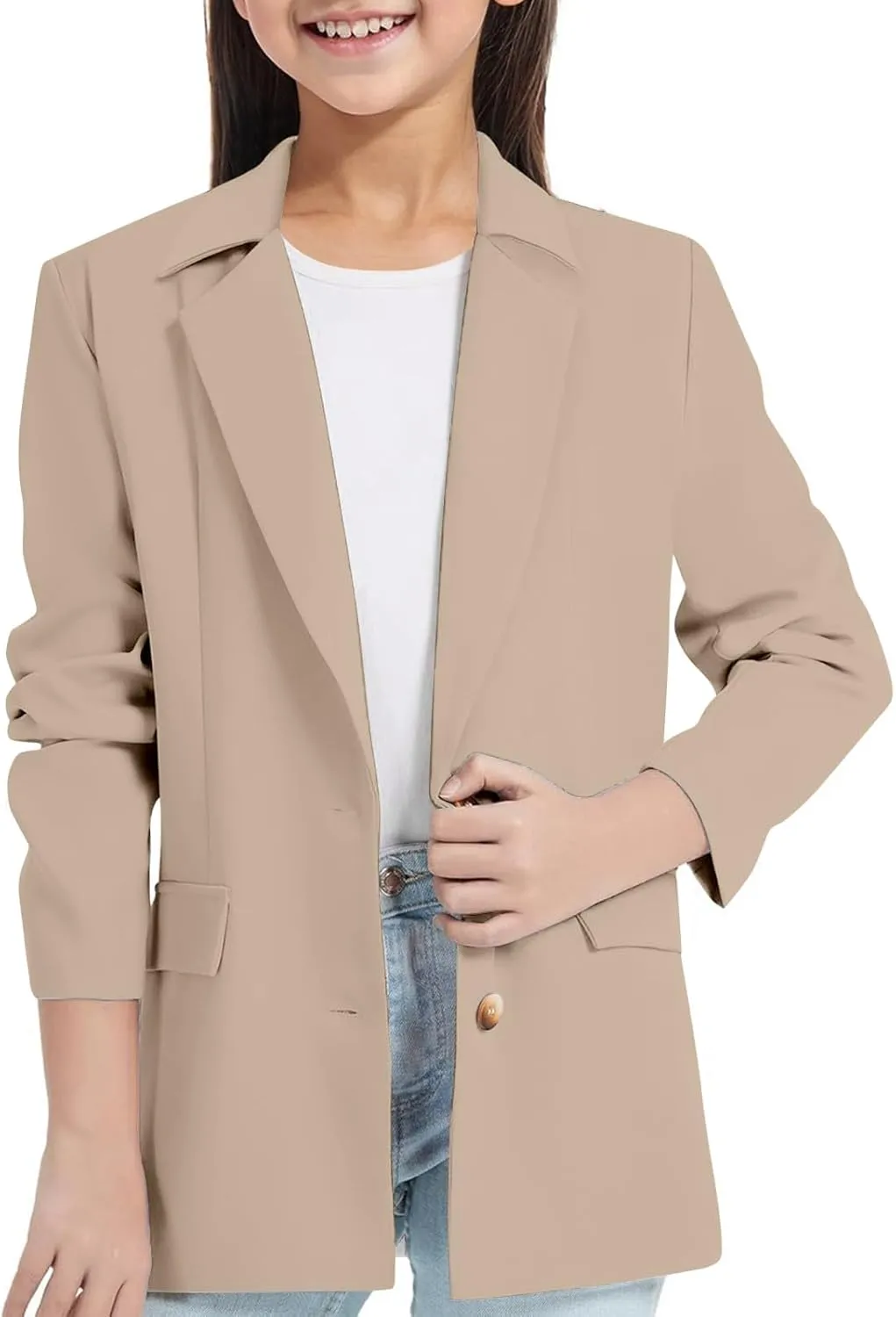 Girls Blazer Long Sleeve Shawl Collar Formal Blazers Suit Jacket Open Front Inner Pocket for Kids Size 3-14 Year