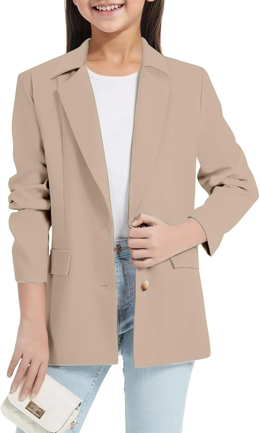 Girls Blazer Long Sleeve Shawl Collar Formal Blazers Suit Jacket Open Front Inner Pocket for Kids Size 3-14 Year