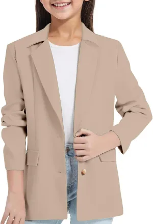 Girls Blazer Long Sleeve Shawl Collar Formal Blazers Suit Jacket Open Front Inner Pocket for Kids Size 3-14 Year