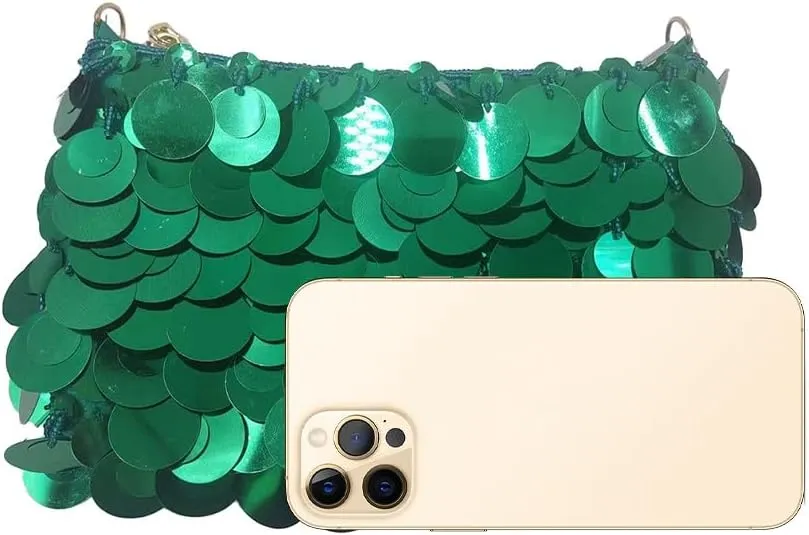 Glitter Bling Purses for Women Fish Scale Shoulder Purse Clutch Handbag with Crossbody Chain for Wedding Party Daily Green