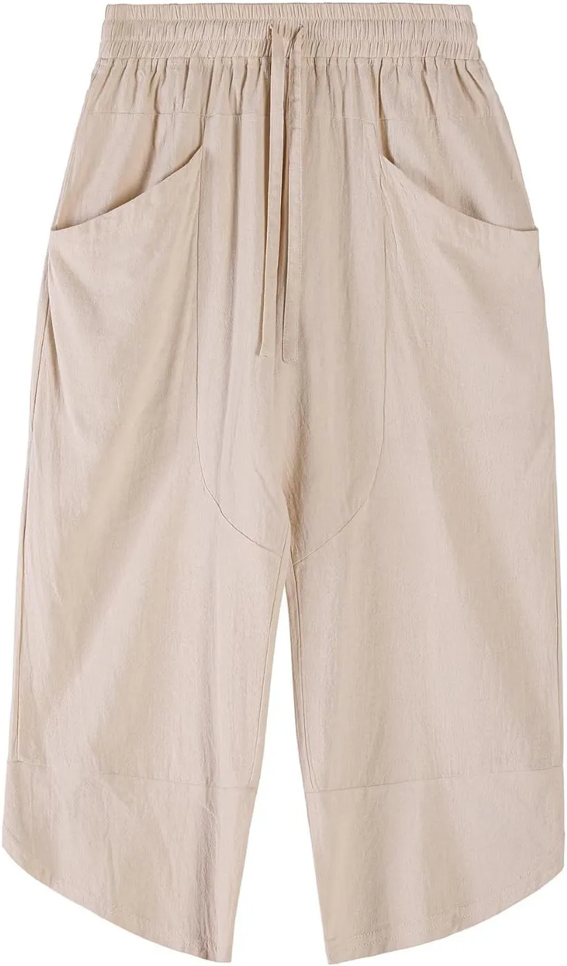 GOKKILRW Mens Pants Mens Linen Pants Casual Lightweight Beach Chino Pants Cropped Summer Capri Pants Drawstring Elastic Waist
