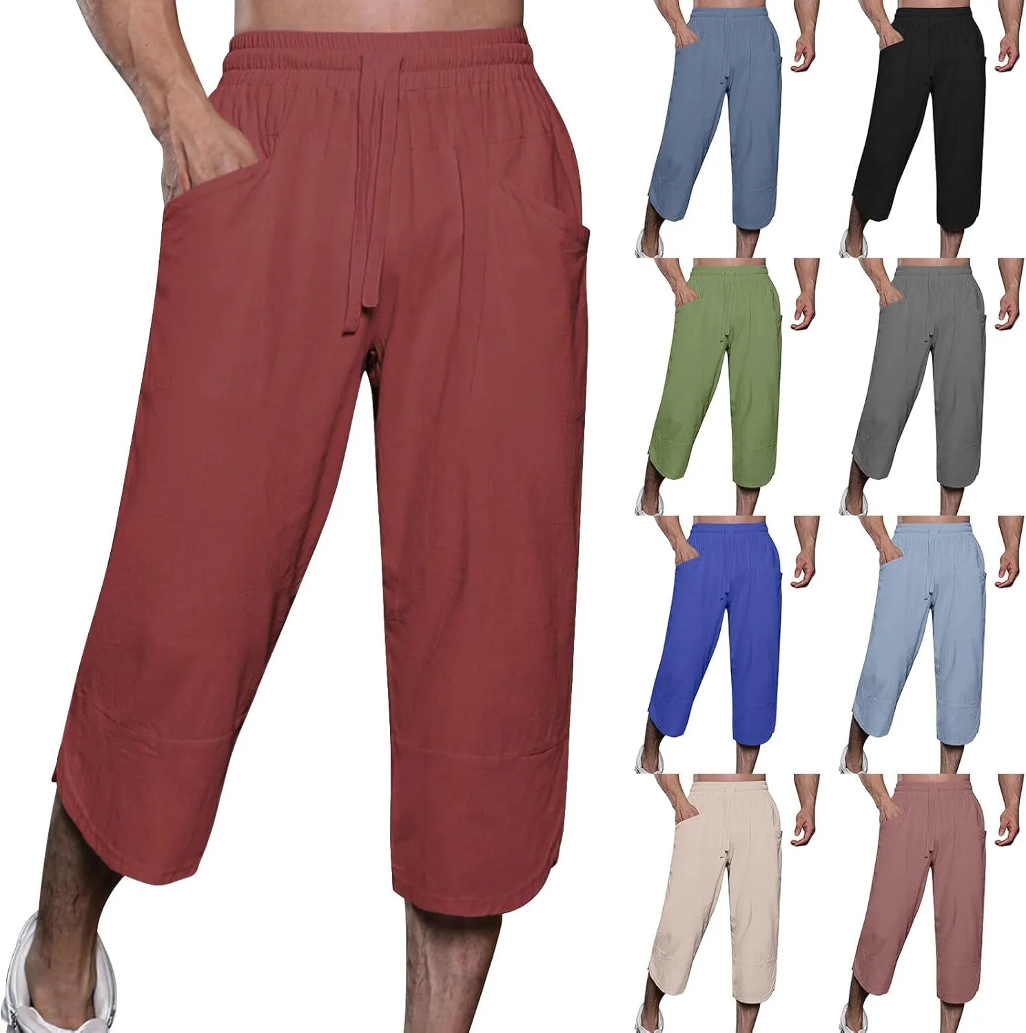 GOKKILRW Mens Pants Mens Linen Pants Casual Lightweight Beach Chino Pants Cropped Summer Capri Pants Drawstring Elastic Waist