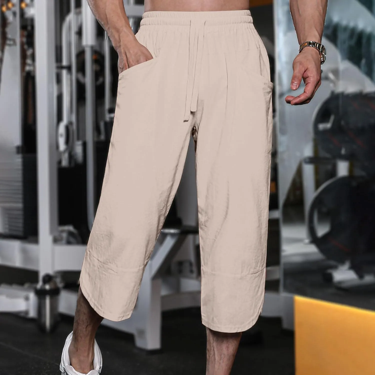 GOKKILRW Mens Pants Mens Linen Pants Casual Lightweight Beach Chino Pants Cropped Summer Capri Pants Drawstring Elastic Waist
