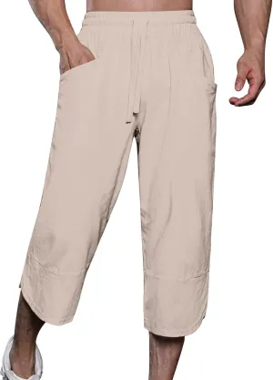 GOKKILRW Mens Pants Mens Linen Pants Casual Lightweight Beach Chino Pants Cropped Summer Capri Pants Drawstring Elastic Waist