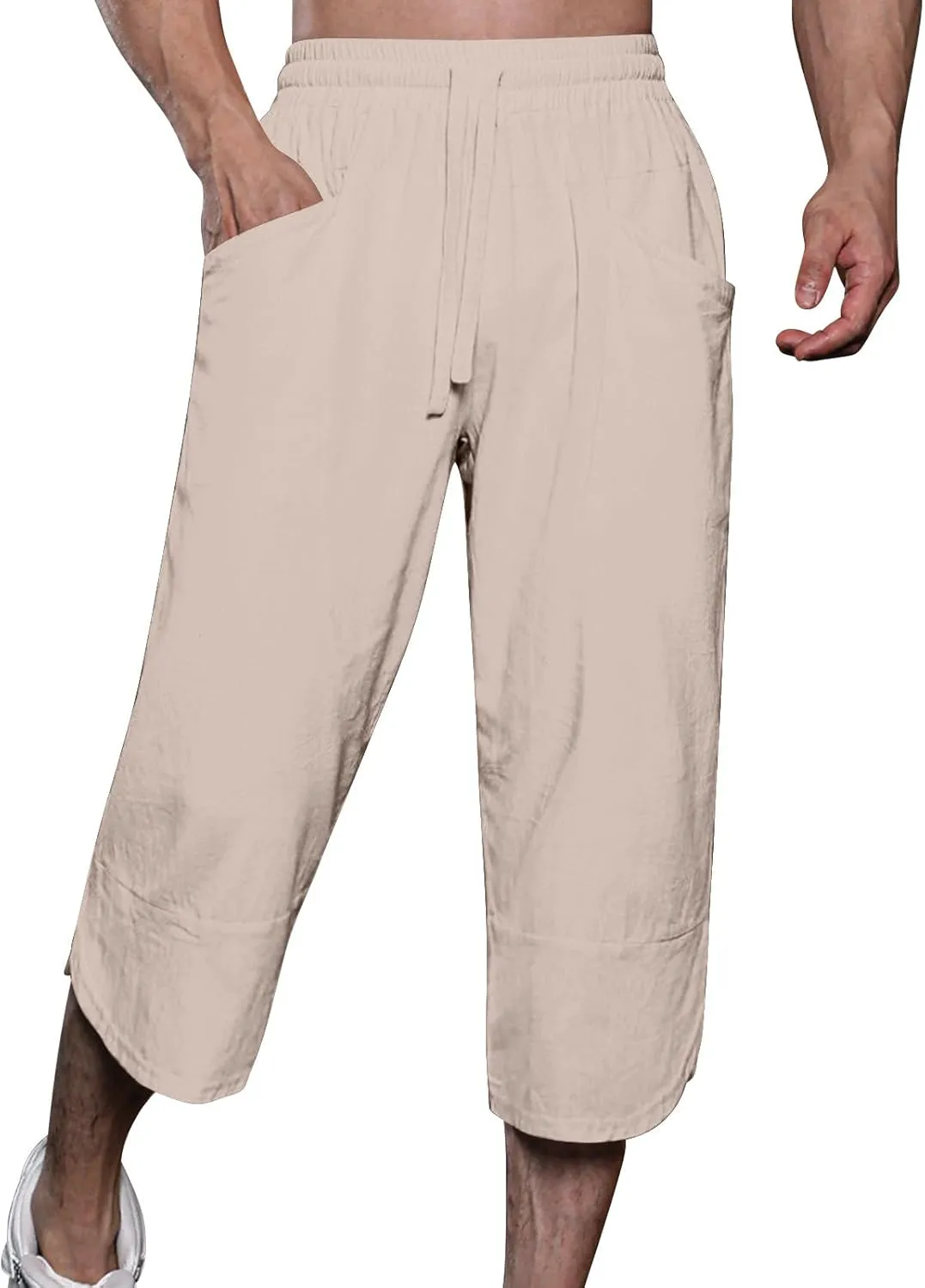 GOKKILRW Mens Pants Mens Linen Pants Casual Lightweight Beach Chino Pants Cropped Summer Capri Pants Drawstring Elastic Waist