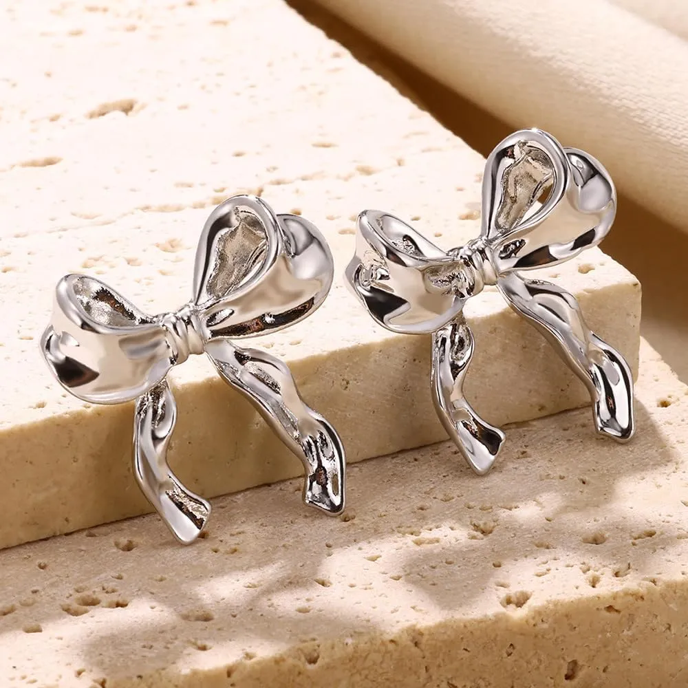 Gold Bow Earrings for Women Silver Bow Stud Earrings Ribbon Earrings Long Bow Dangle Earrings Silver Bow Jewelry Bow Earrings Gold Studs