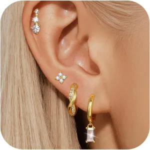 Gold Earrings Set for Women, 14K Gold Plated Stud Hoop Earrings Stacks, Hypoallergenic Earrings Set for Multiple Piercing, Cartilage Earrings Jewelry for Women