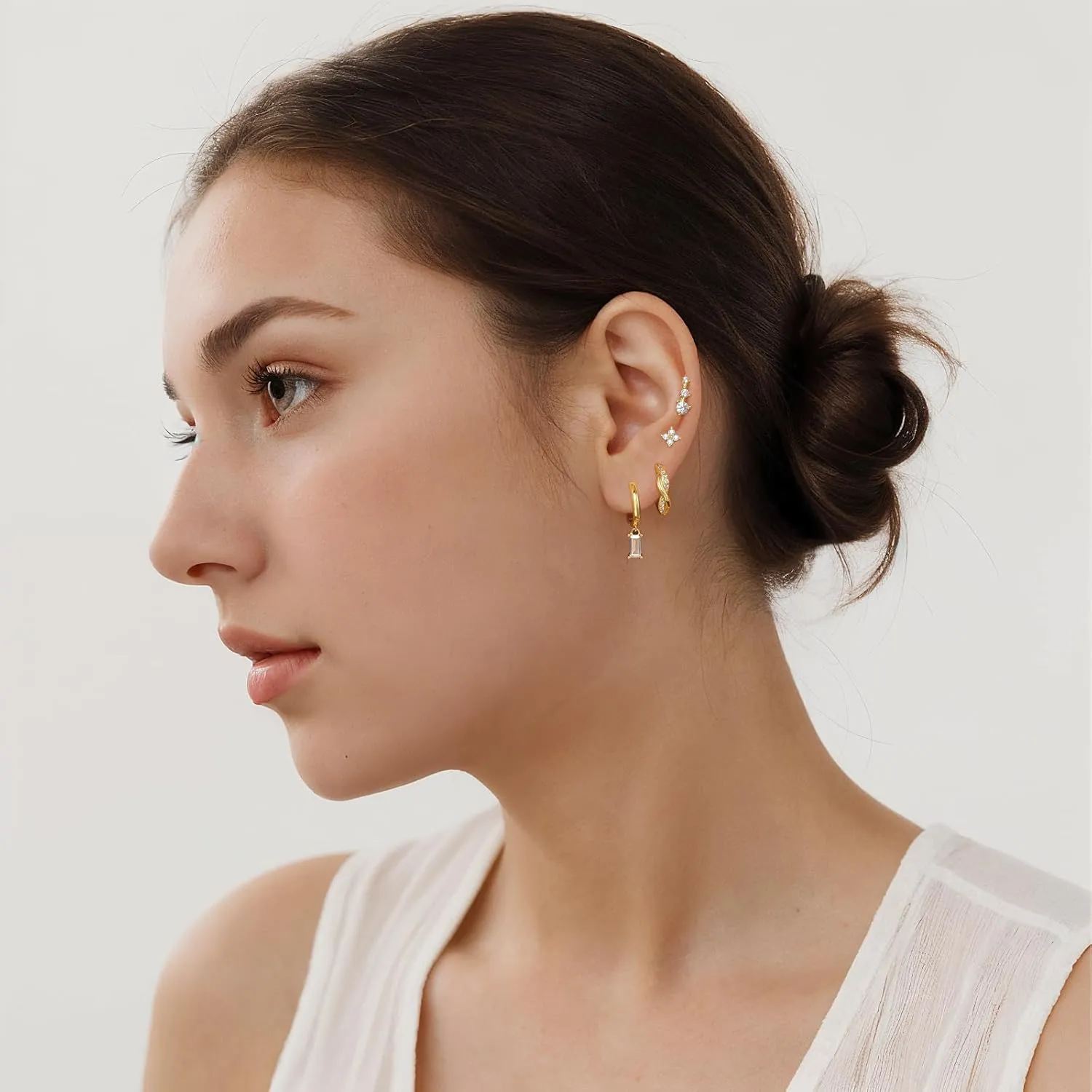 Gold Earrings Set for Women, 14K Gold Plated Stud Hoop Earrings Stacks, Hypoallergenic Earrings Set for Multiple Piercing, Cartilage Earrings Jewelry for Women