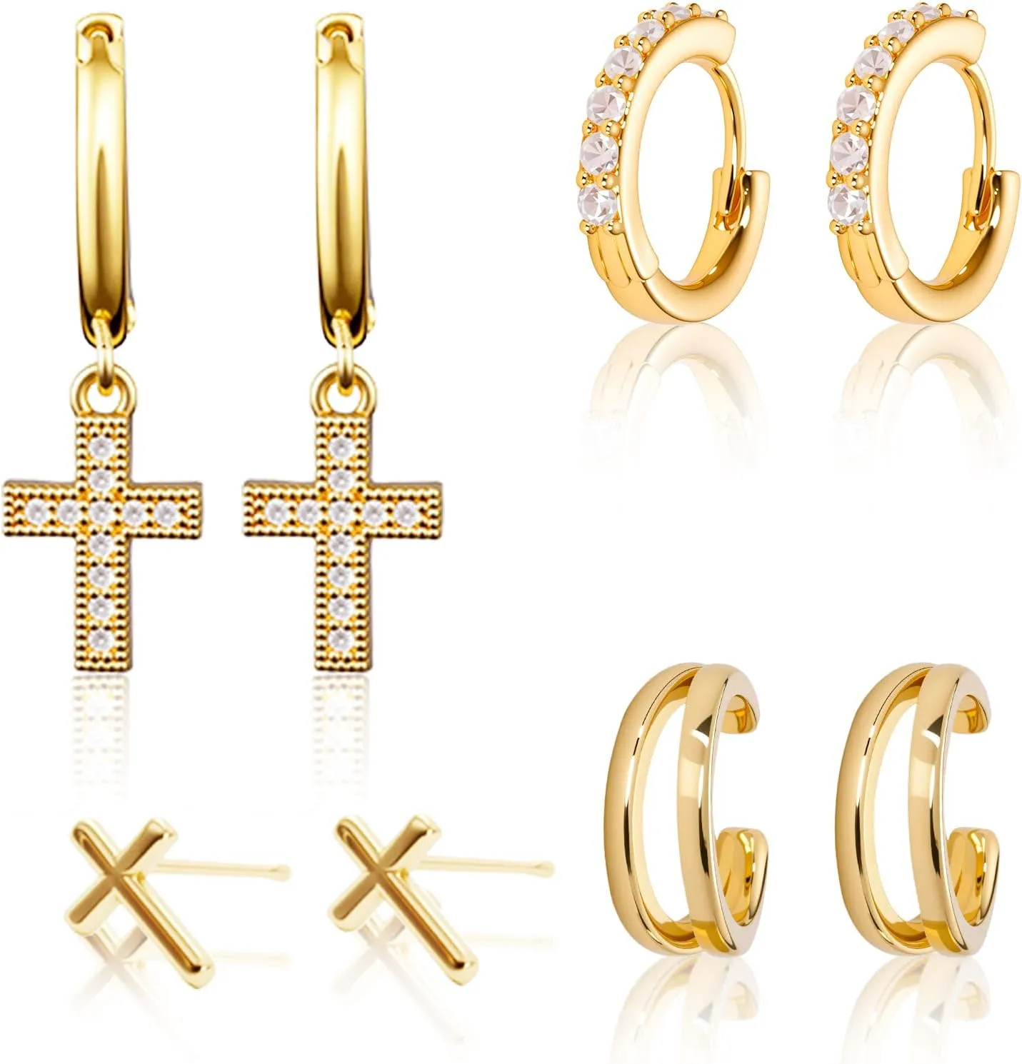 Gold hoop earrings for women,Hypoallergenic 14K Gold Plated Huggie Dainty Earrings Stack,Cross Cute Stud Hoop Gold Earrings Pack,Chunky Multiple Piercings Cartilage Small Stud for women