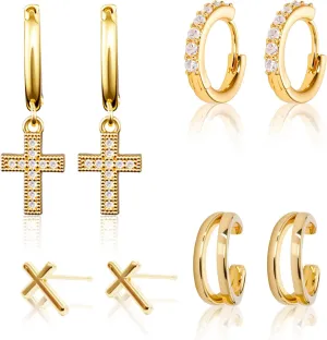 Gold hoop earrings for women,Hypoallergenic 14K Gold Plated Huggie Dainty Earrings Stack,Cross Cute Stud Hoop Gold Earrings Pack,Chunky Multiple Piercings Cartilage Small Stud for women