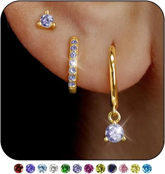 Gold Huggie Hoop Earrings Set Small 14K Gold Plated Cute Dainty Birthstone Earrings Stack Hypoallergenic 925 Sterling Silver Post CZ Diamond Cartilage Stud Dangle Earrings Trendy Earrings for Sensitive Ears Women