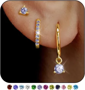 Gold Huggie Hoop Earrings Set Small 14K Gold Plated Cute Dainty Birthstone Earrings Stack Hypoallergenic 925 Sterling Silver Post CZ Diamond Cartilage Stud Dangle Earrings Trendy Earrings for Sensitive Ears Women