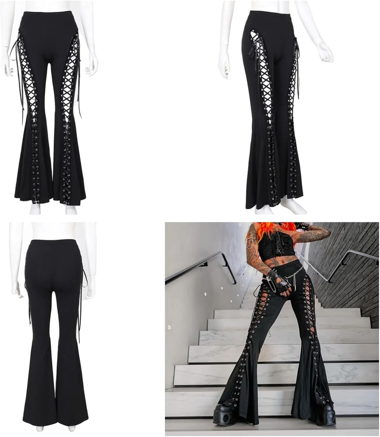 Gothic Bell Bottom Pants for Women Goth Grunge Black High Waisted Flare Leggings Boho Hippie Festival Outfits