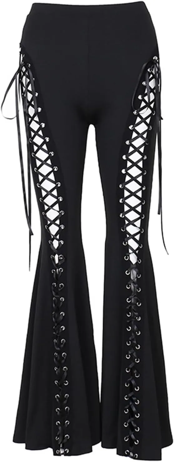 Gothic Bell Bottom Pants for Women Goth Grunge Black High Waisted Flare Leggings Boho Hippie Festival Outfits