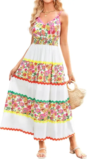 GRACE KARIN Women Summer Boho Dress 2025 Spaghetti Strap V Neck Smocked Ruffle Flowy Beach Maxi Dress with Pockets