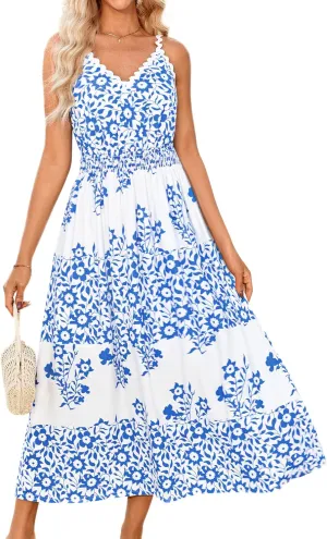 GRACE KARIN Women Summer Boho Dress 2025 Spaghetti Strap V Neck Smocked Ruffle Flowy Beach Maxi Dress with Pockets